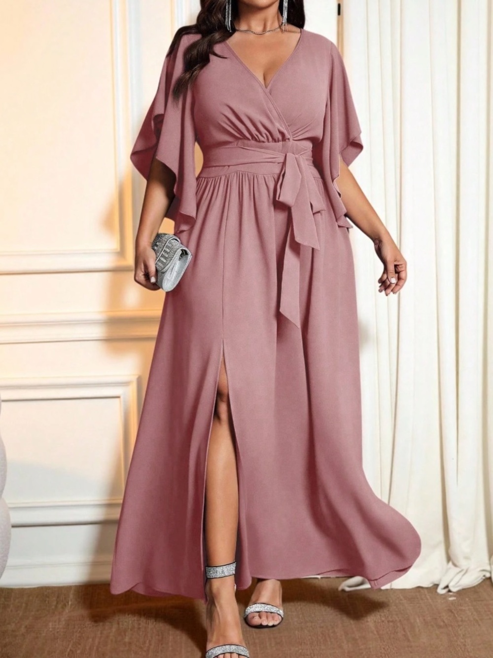  Plus Solid V neck Flounce Sleeve Belted Split Thigh Party Evening Dress - Picture 6 of 15